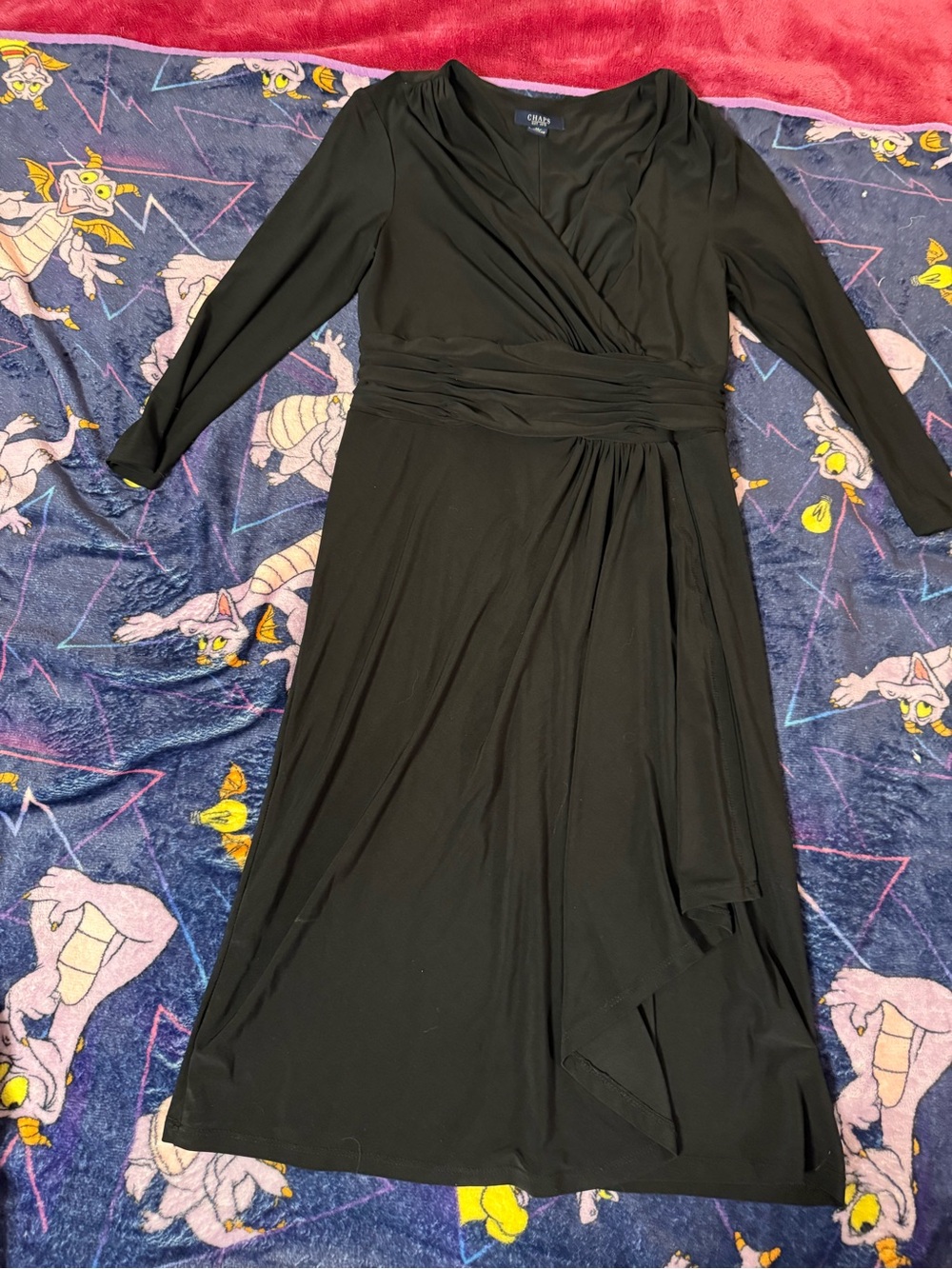 Chaps Black Faux-Wrap Midi Dress with Waist Sash